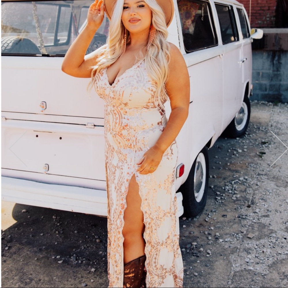 THE ROVENA DRESS - ROSE GOLD sequin slit gown